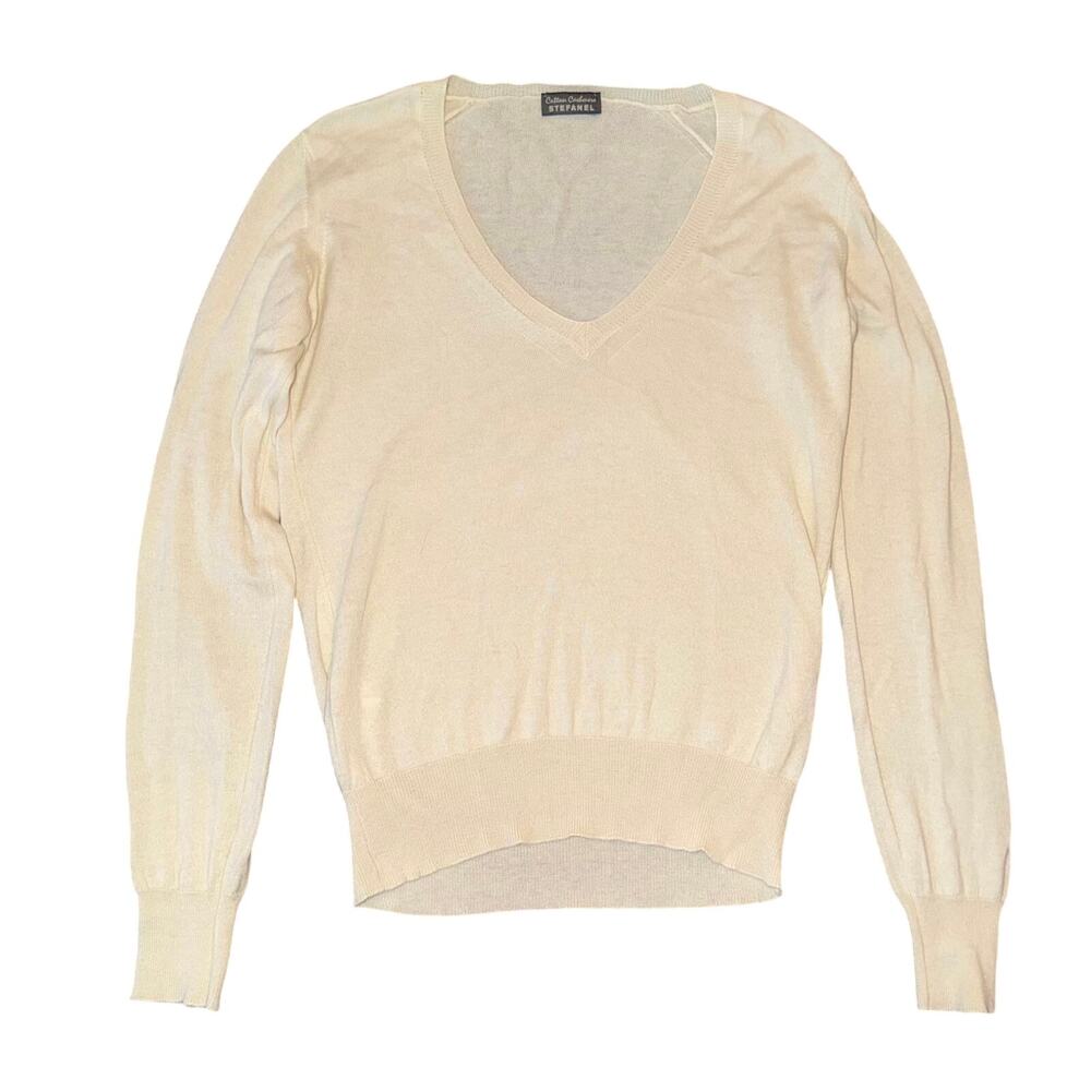 Stefanel Cotton Cashmere V-Neck Sweater Small Ivory Ribbed Knit Pullover
